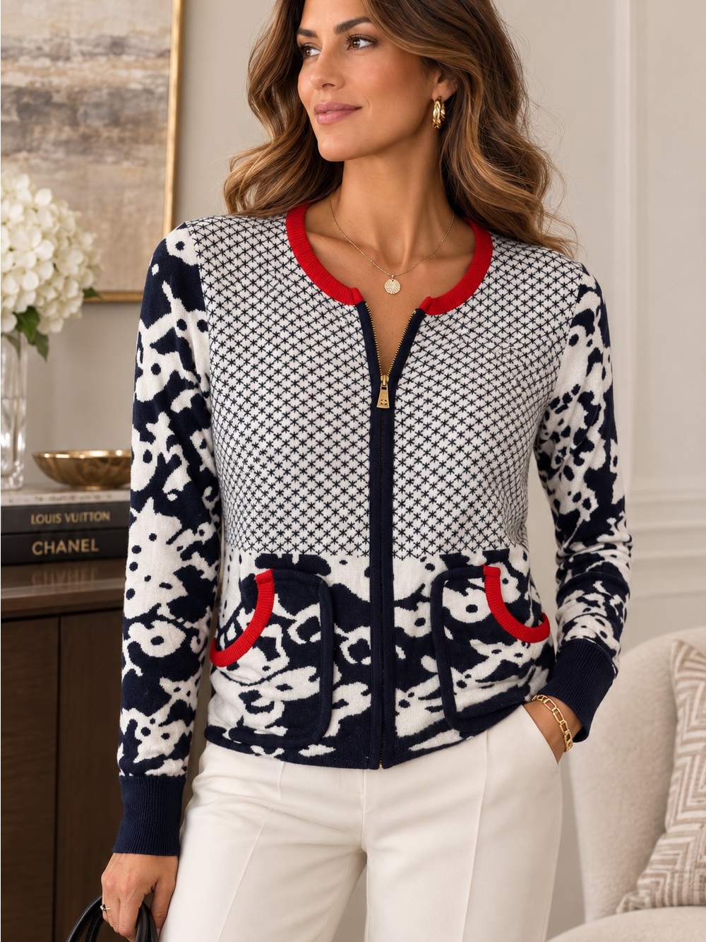 Tory Burch Cotton Abstract Print Zip Cardigan Navy Red Preppy Sweater Top S